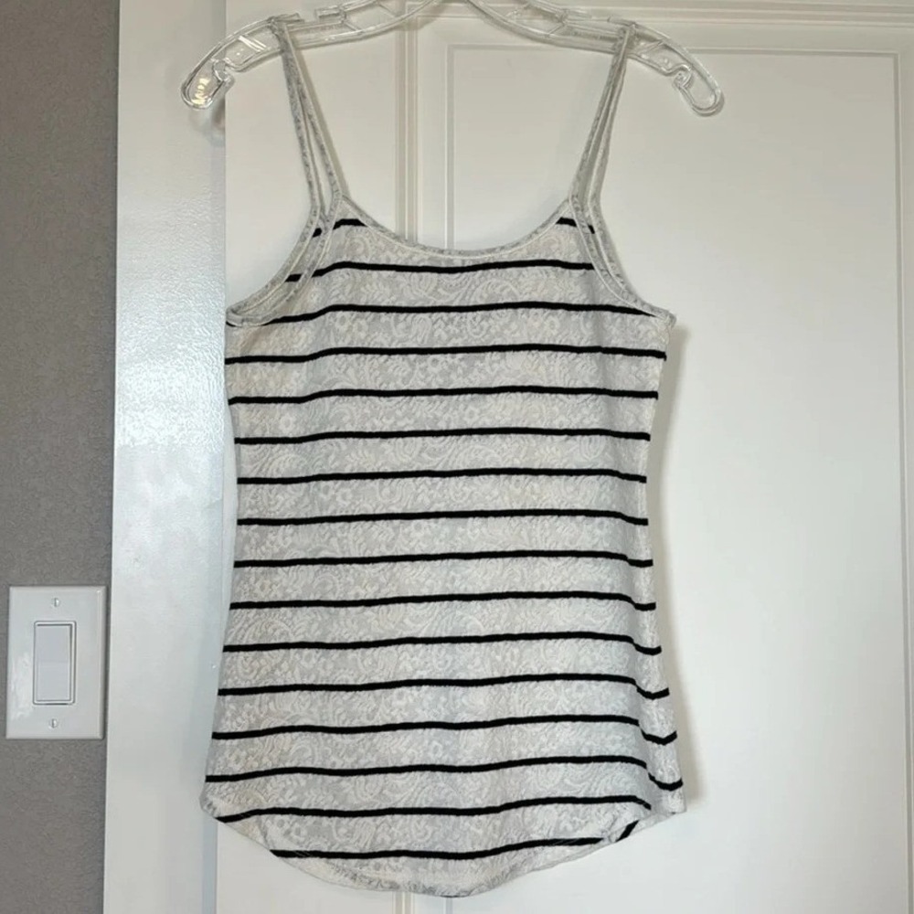 LOFT Striped Lace Tank Top Womens Size S White Black Spaghetti Strap Casual - Picture 2 of 5
